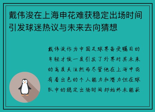 戴伟浚在上海申花难获稳定出场时间引发球迷热议与未来去向猜想